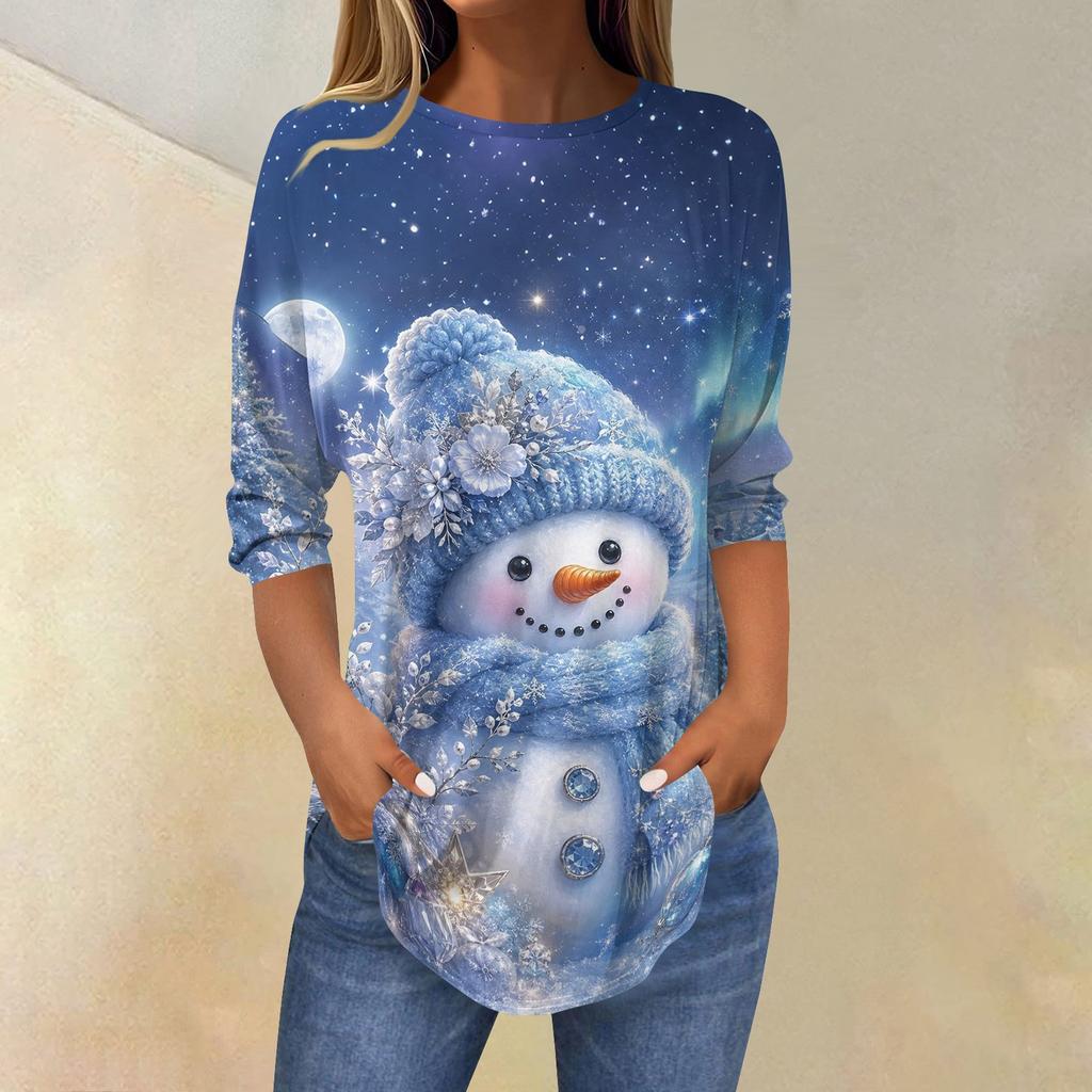 Women's Christmas Print Neck Three-Quarter Sleeve T-Shirt