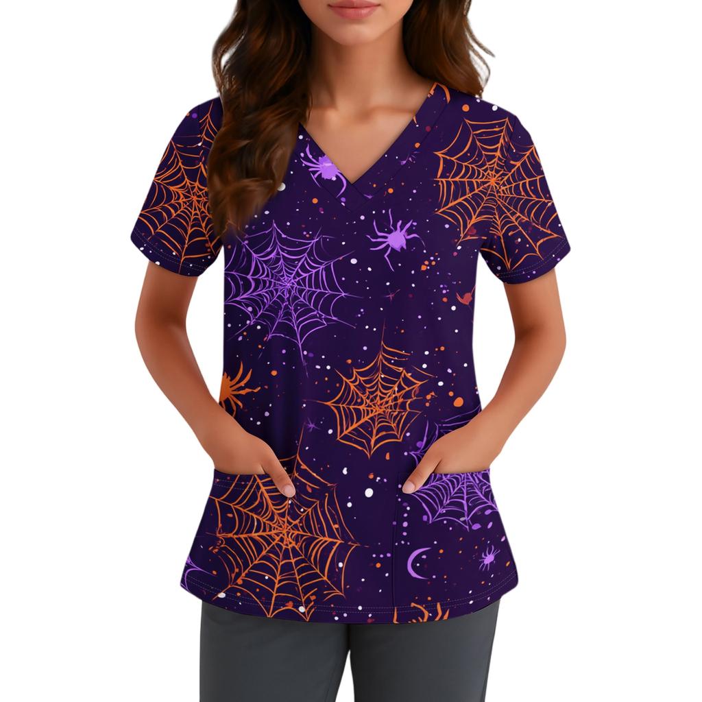 Haut d'uniforme médical à manches courtes et col en V pour femme avec poches Chapeau de sorcière d'Halloween et imprimé Uniforme de travail pour infirmière aide-soignante