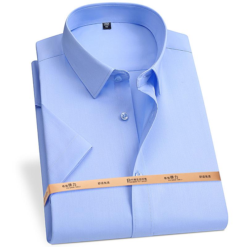 

High Quality Bamboo Fiber Men s Short Sleeved Shirt For Summer Cool Breathable Fit No Ironing Business Social Top S-6XL-7XL-8XL S синий
