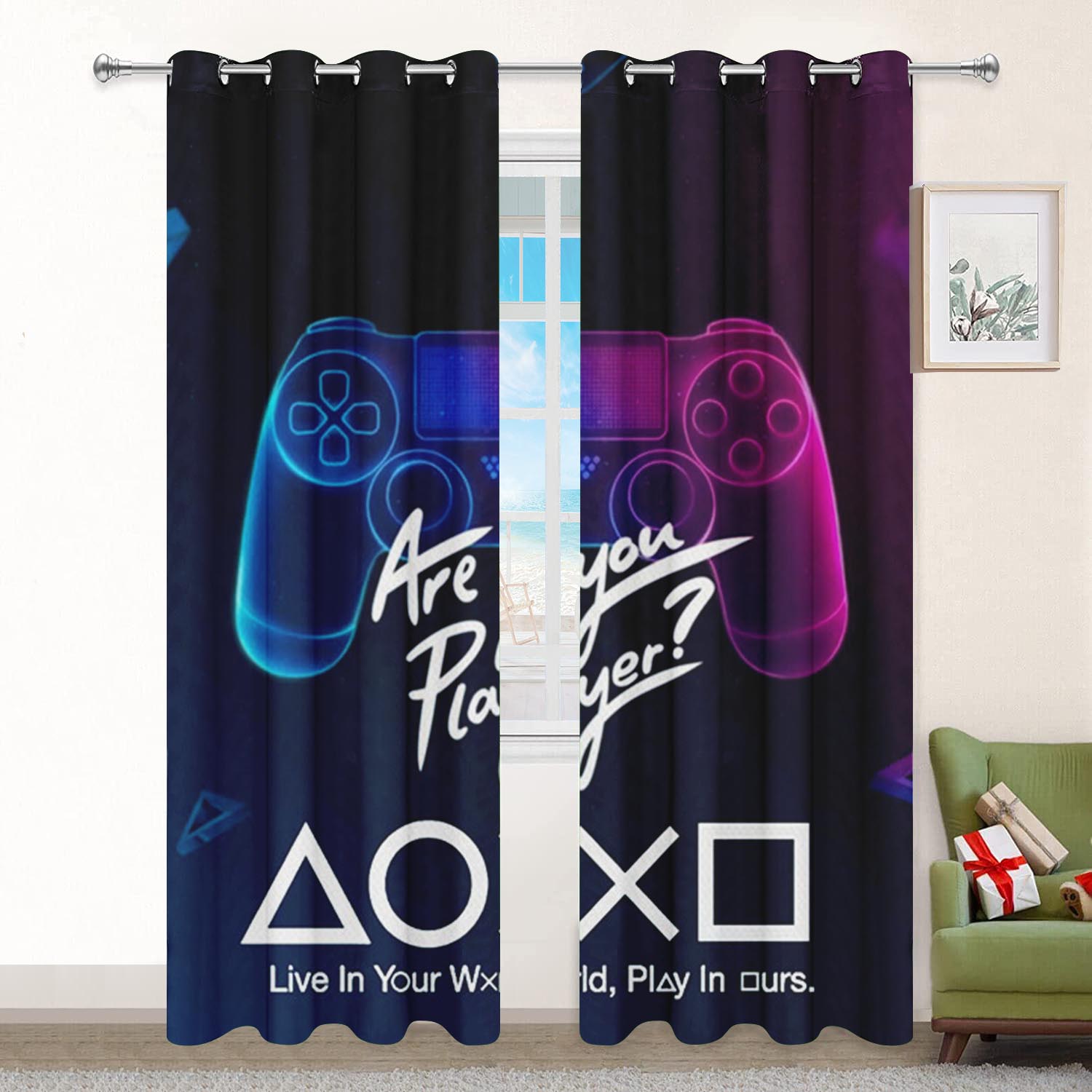 

Lightning Blue Red Gamepad Pattern Design Curtain Piece For Bed Chamber Living Indoor Room Playroom Window Drapes Wall Decors With Free Accessories W60H60(CM)x2pcs&Grommet Top