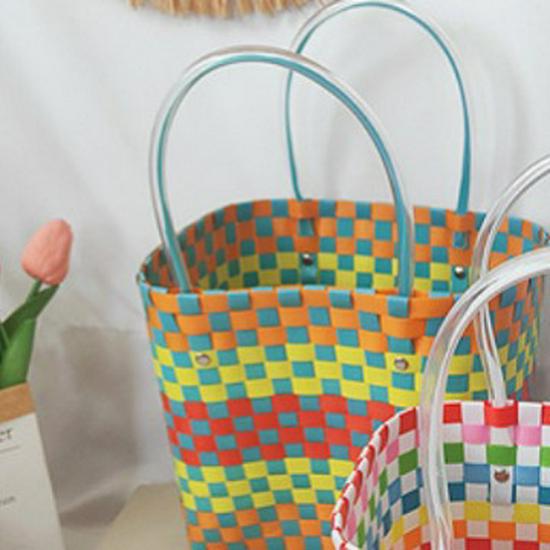 Children's Rainbow Plaid Woven Handbag - DIY Summer Bag for Vegetables & Fruits