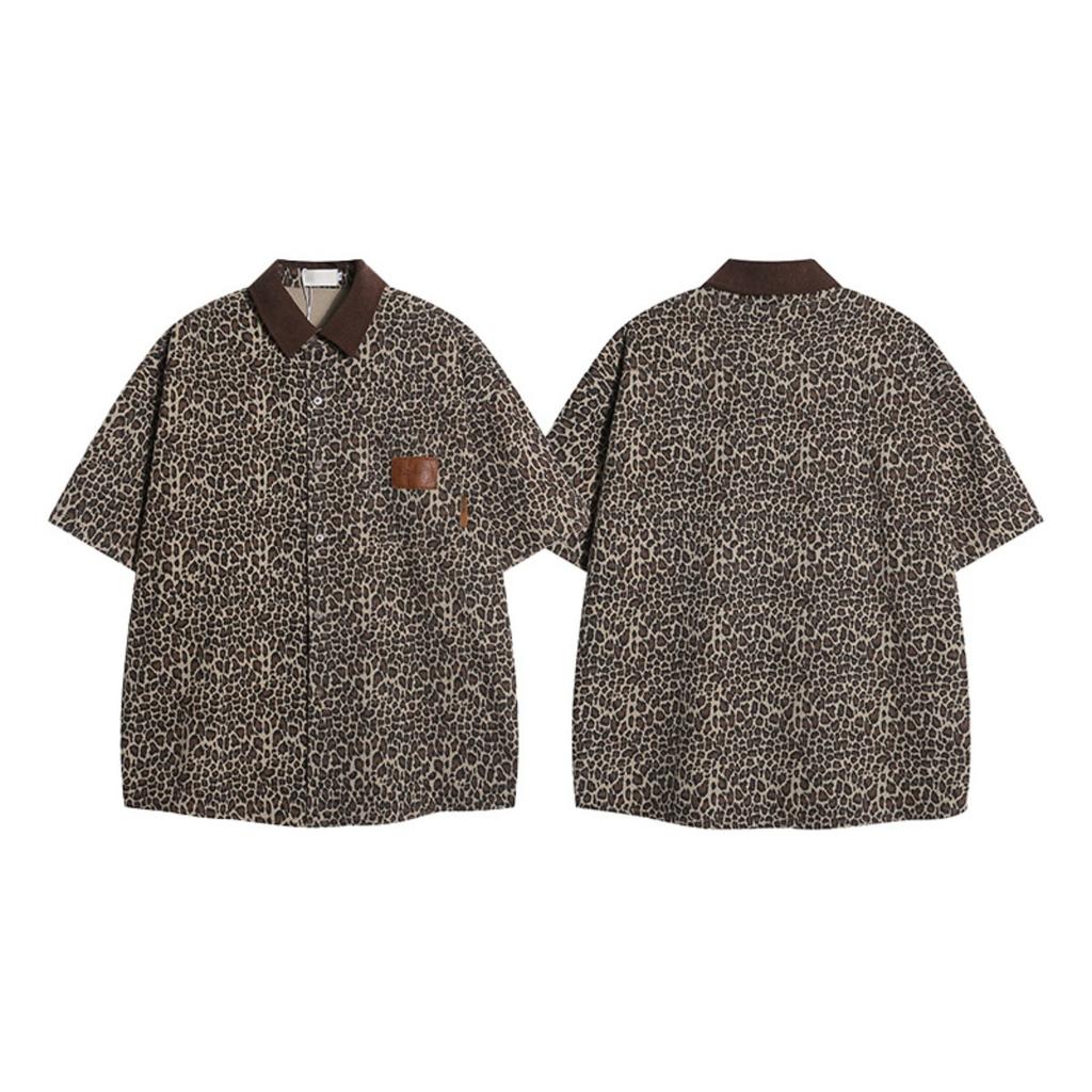BeatStreet Sommer Stilvolles Leopardenmuster Kurzarmhemd Herren Elegant Attraktiv Patchwork-Halsausschnitt Design Locker Lässige Oberteile