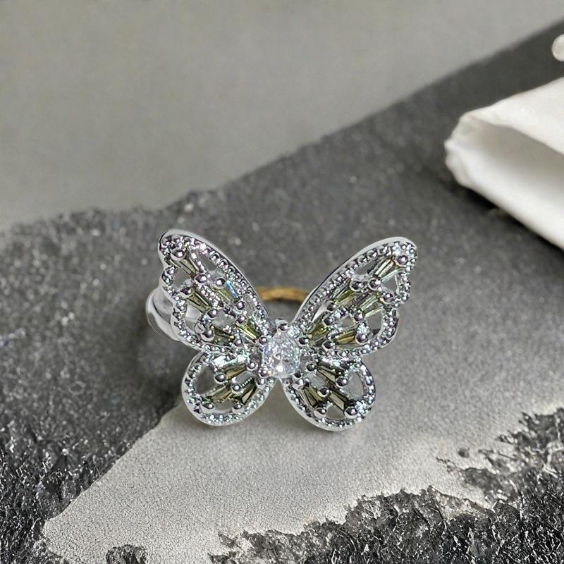 Olive Green Zircon Exquisite Colored Treasure Open Ring Women'S Light Luxury Full Diamond Bow High-End Ring