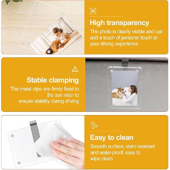 2Pcs Car Picture Holder ,Acrylic Magnetic Car Visor Photo Clip For 3" & 4" Photos - With Safe Driving & Love Messages Stickers, Meaningful Car