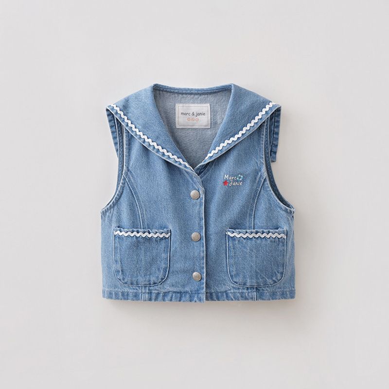 Mark Jenny Wave Collar Girls  Pure Cotton Denim Vest Baby Jacket 2026 Spring New Style 560139 Light Denim 90