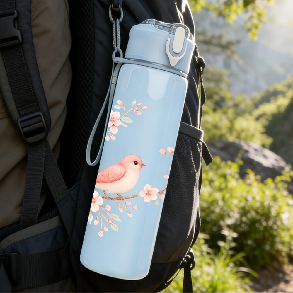 1PC Two Little Birds Branch Floral Print 750ml Color Plastic Sports Water Bottle Leakproof Flip Straw Lid Suitable for Sports Office Home Use
