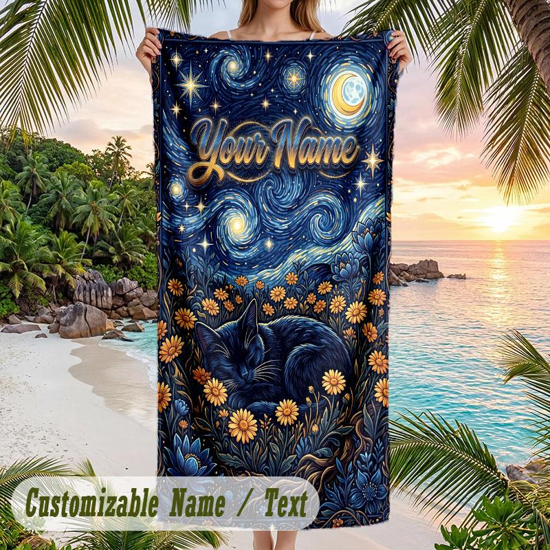 Night Sky Butterflies Moon Theme Quick Dry Beach Towel Custom Name Text Print Large Sand Resistant Towel Beach Vacation