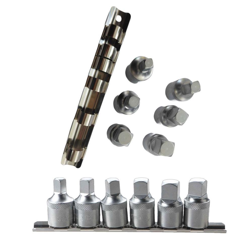 Square Drive 1/2 Inch Base Oil Sump Drainplug Key Socket Set 6 Piece for Transmission Maintenance 8 10 12 14mm 3/8 Steel