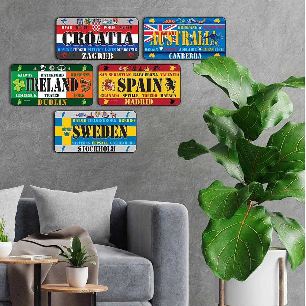 National Flag Metal Tin Sign Vintage Poster France Spain USA License Plate for Bar Home Restaurant Wall Decor 15x30cm