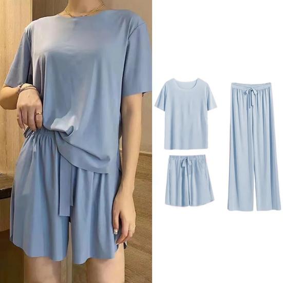 3 Teile/satz Frauen Sommer Pyjamas Set O Hals Kurzarm T-shirt Elastische Taille Shorts Breite Bein Falten Hosen Dame Loungewear Nachtwäsche Set Homewear Top