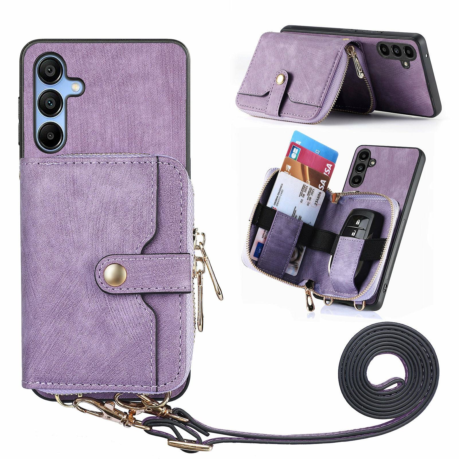 

For Samsung Galaxy A16 5G/A16 4G Case Zipper Wallet Leather Phone Back Cover Kickstand with Shoulder Strap Purple