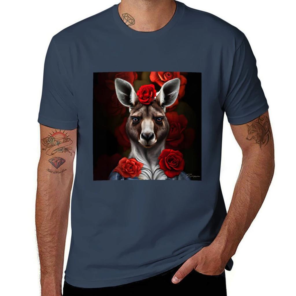 Kangaroo Lady with Red Roses TShirt NonShrink Basic Cotton TShirt