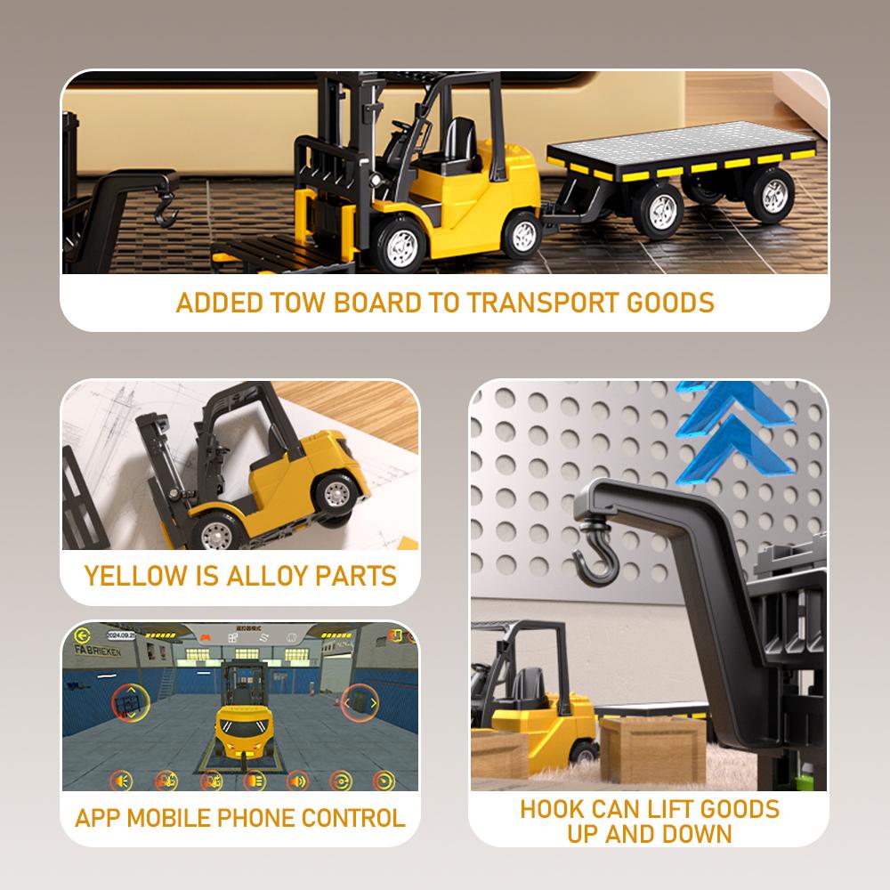 1:64 Bluetooth Remote Control Crane And Forklift Two-in-one Desktop Mini Alloy Toy Car With Trailer Christmas Gift In Color Box