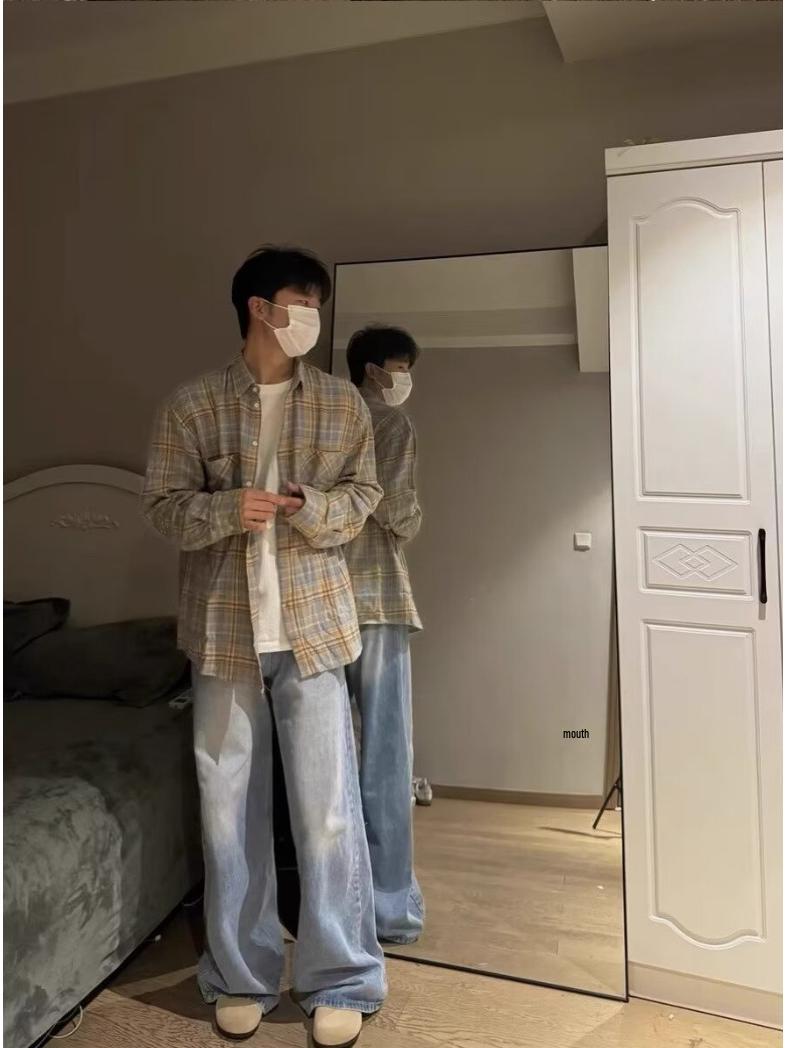 

Мужская клетчатая рубашка на весну и осень: Трендовый кардиган в корейском стиле, универсальная куртка-солнцезащита XXL жёлтый