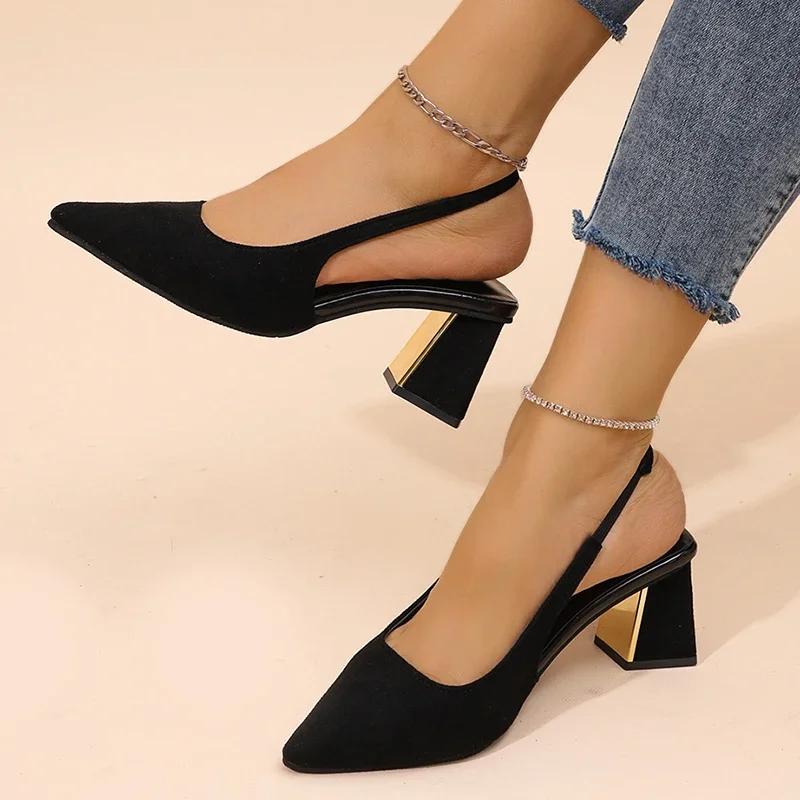 

Fashion Plus Size Pointed Toe Pumps Women Spring Summer 2025 Gold Square Heel Slingback Dress Shoes Woman High Heels Back Strap Sandals 43 чёрный