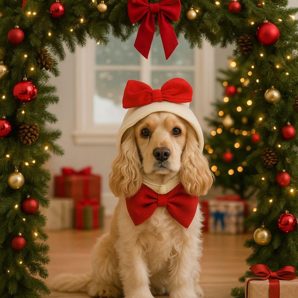 Fashion Plush Dog Christmas Hat Bow Cute Cat Costume Warm Decorative Pet Cosplay Clothes New Year