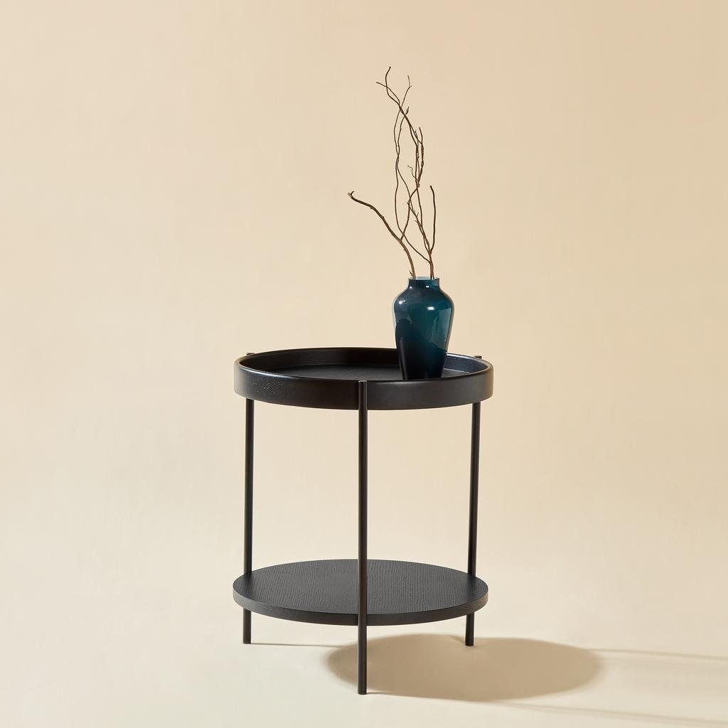 Coffee Table with 2-tier Tray Design, Round, Solid Wood & Metal, In 3 Colors: Ash Natural / Walnut / Black, Combinable with Side Table (44x44x48 Cm)