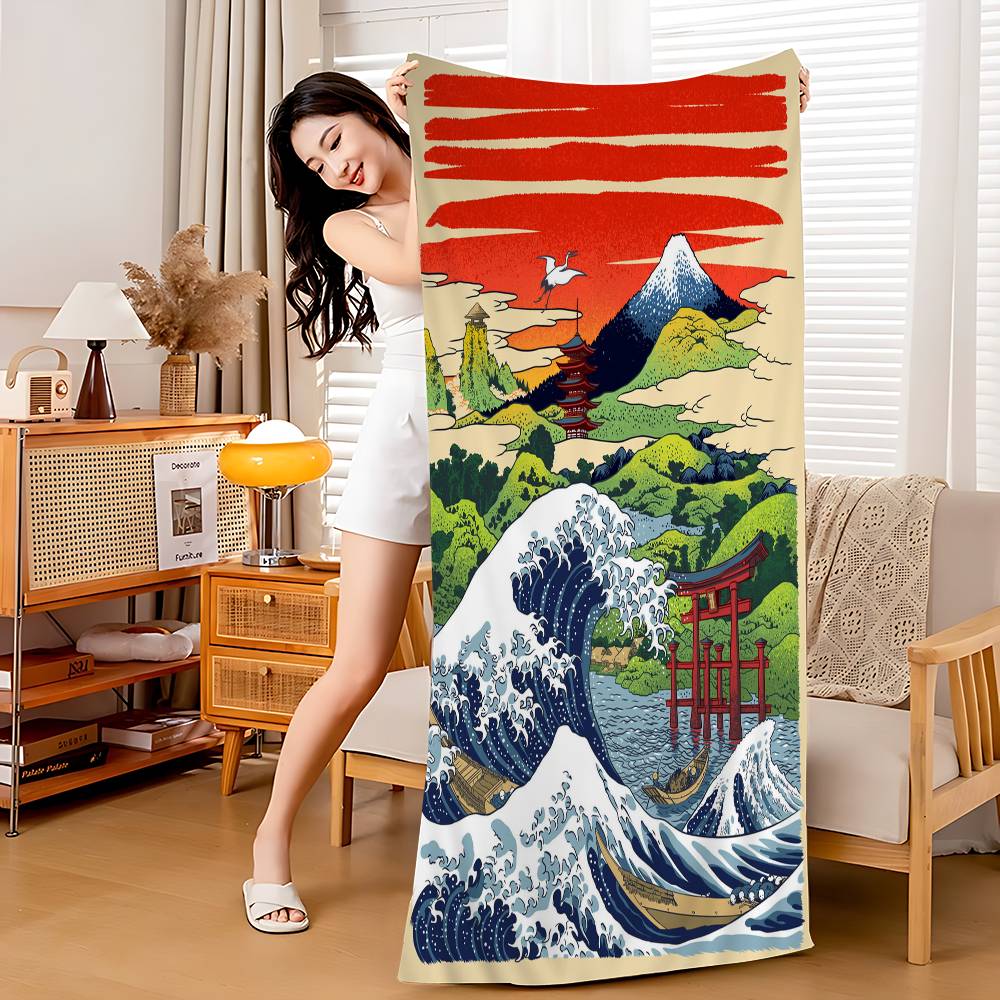 Wave Landscape Japanese Wall Art Beach Towel Bath Towels for Girl Microfiber Quick Dry Custom Sand Free Beach Yoga Spa Gym Pool
