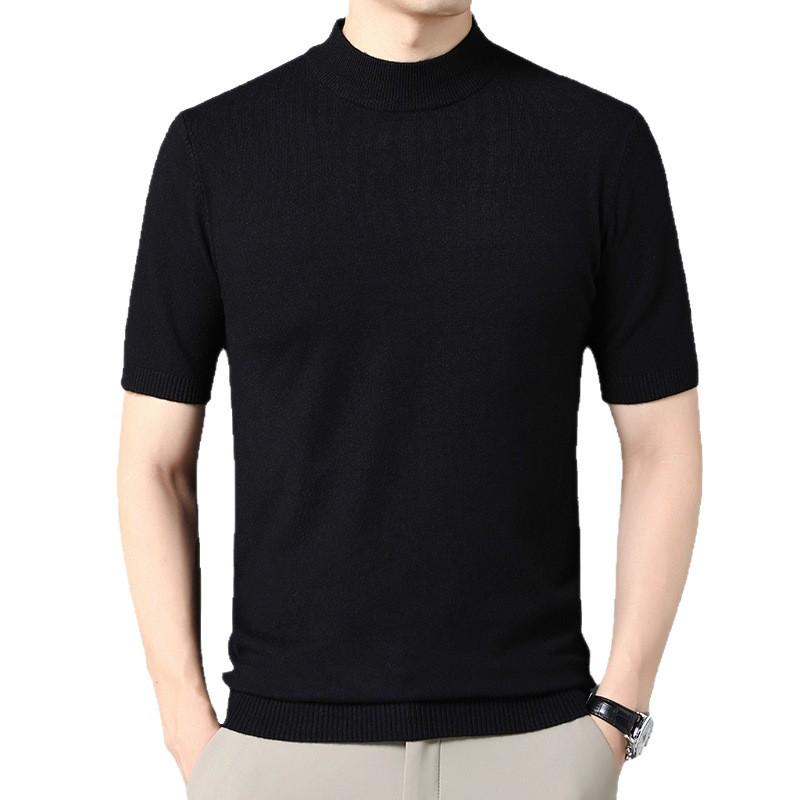 Men's Short-Sleeve Knit Sweater with Half-High Collar - Lightweight Pullover for Middle-Aged and Young Men