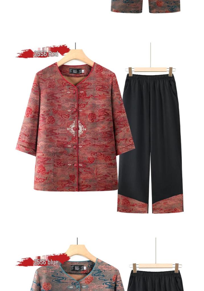 Grandma's Summer Ice Silk Short Sleeve Set for Women: Cool, Comfortable Shirts for Middle-Aged and Elderly Ladies