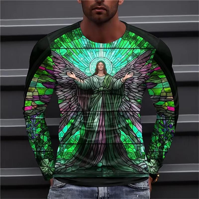 Spring and Autumn 3D Printing Virgin Mary Men's T-shirts Christian Round neck Long Sleeved Casual Tops