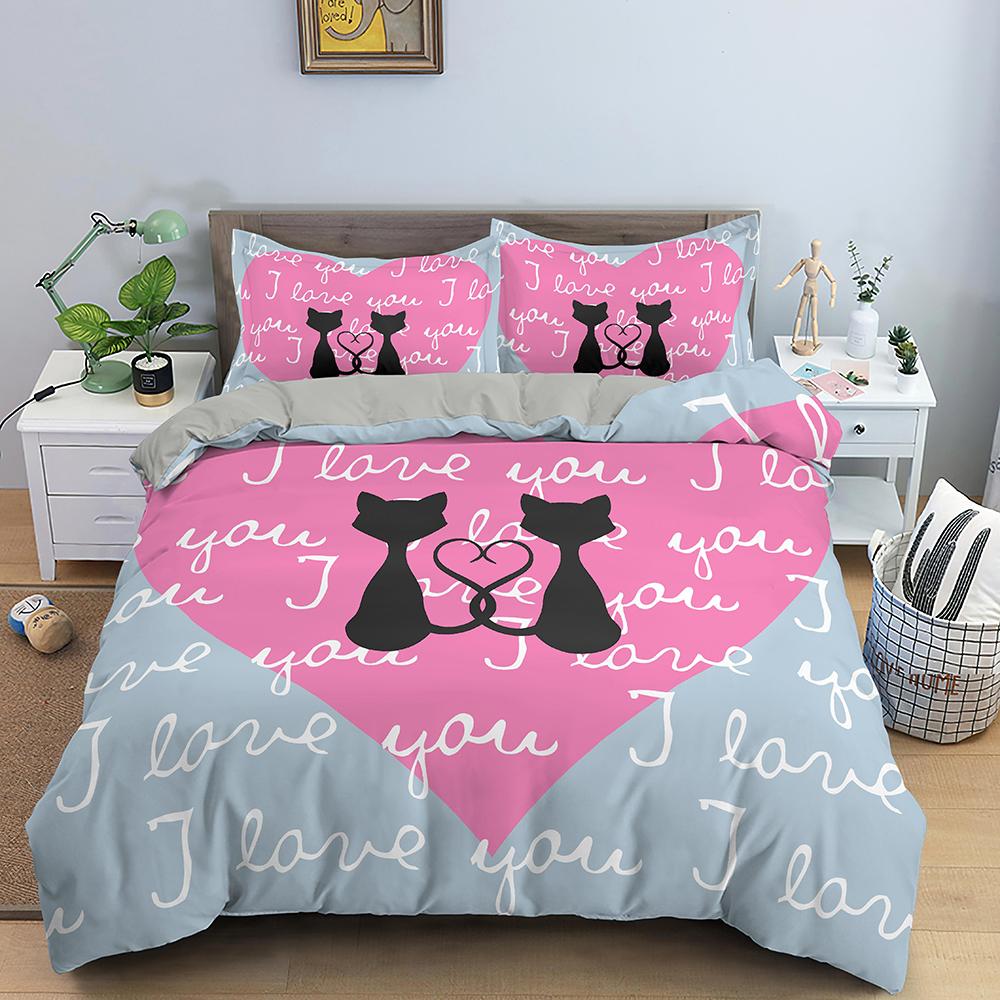 Love Duvet Cover Set Heart Shaped Pattern Romantic Theme Comforter Cover with Pillowcases for Girls Women King Queen Full Size