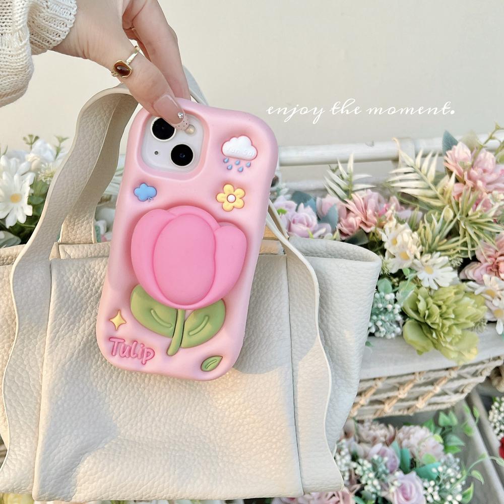 KEYSION Cute Cartoon 3D Tulip Flower Phone Case for iPhone 13 14 15 16 17 Pro Max Soft Silicone KickStand Shockproof Back Cover