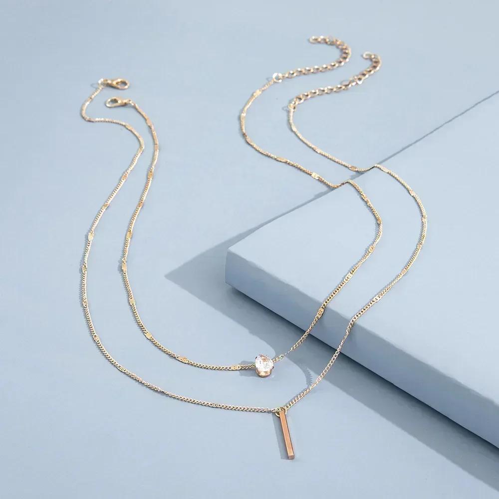 Double Layer Water Drop Rhinestone Necklace Two-piece Set Stacking Long Tassel Pendant Clavicle Chain Jewelry for Women