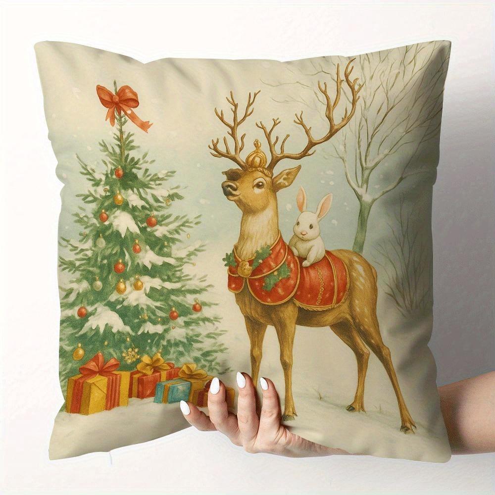 

New Year home decoration with pillowcases painted with Christmas elements such as Santa Claus and snowman 2d flat printing 16x16Inch