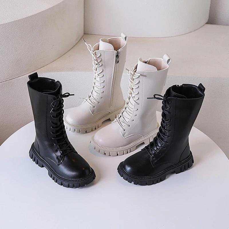 Toddlers Mid-calf Boots for Girls Spring Autumn Kids Causal Boots Classic Solid Color Children's Simple Leather Boots