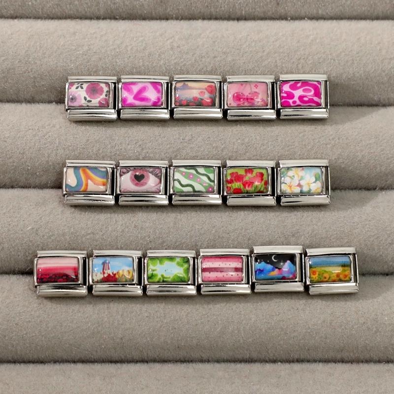 Unique Y2K Pink Girls' Eye Tulip Flowers Moon Cat Cherry Italian Charm Link Fit 9mm Stainless Steel Bracelet DIY Making Jewelry