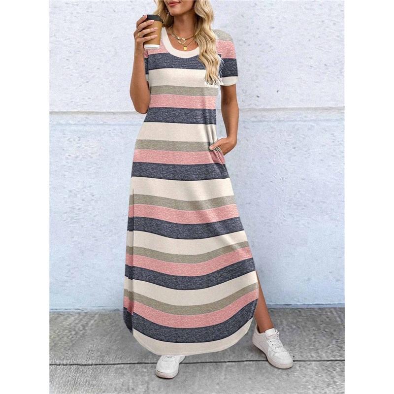 Women Short Sleeve Long Dress With Pockets Casual Oversized Round Neck Beach Dress Female Split Loose Fit Summer Dress Vestidos
