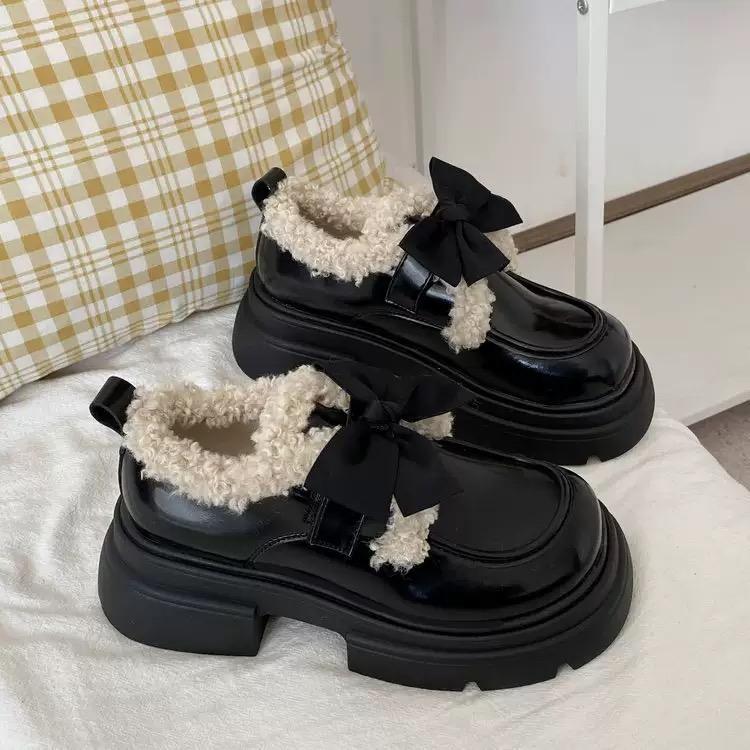 Fashion New Sweet Platform Shoes Women Warm Bow Vintage Kawaii Pumps Plush Ankle Boots for Women Female Casual Comfortable Boots