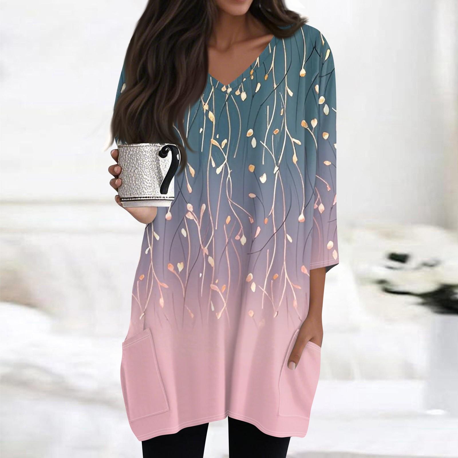 

Женские топы с V-образным вырезом и рукавом 3/4 Блузки Повседневные рубашки средней длины Модные принты Туники Топы с карманами L розовый