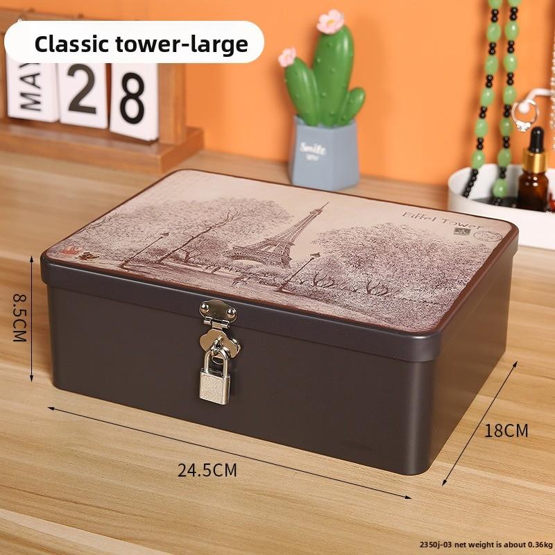 Retro Tinplate Box with Lock Key, Desktop Storage Box, Cosmetics, ID Storage, Household Jewelry Empty Box.