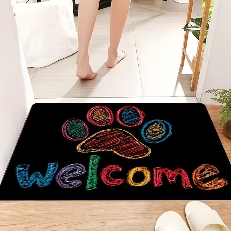Color Crayon Paw Welcome Doormat Hand Drawn Graffiti Style Non Slip Entry Floor Mat Cute Pet Entrance Rug For Porch Hallway