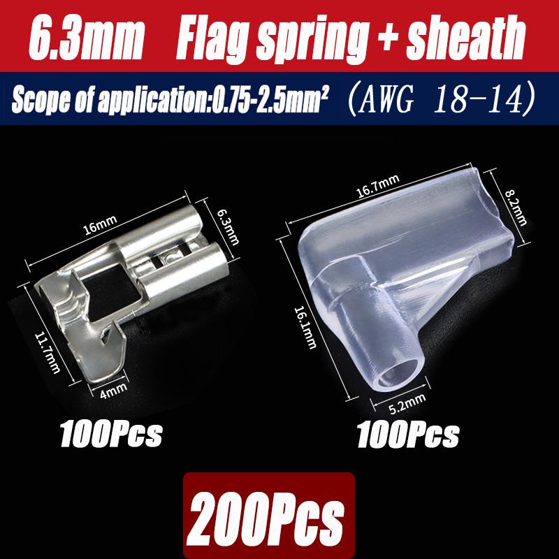 200Pcs Copper Female and Male Crimp Terminal Connectors Aautomotive Speaker Cable Flag Connector 2.8/ 4.8/ 6.3mm With Sheathing