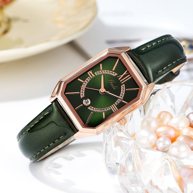 Square Plate Light Luxury Temperament Calendar Women S Watch Fashion First Layer Cowhide Strap Women S Watch