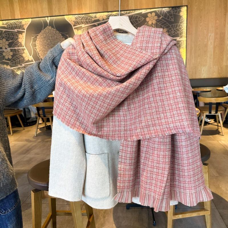 Gentle tie imitation cashmere knitted scarf women's autumn and winter color plaid fringed scarf large shawl