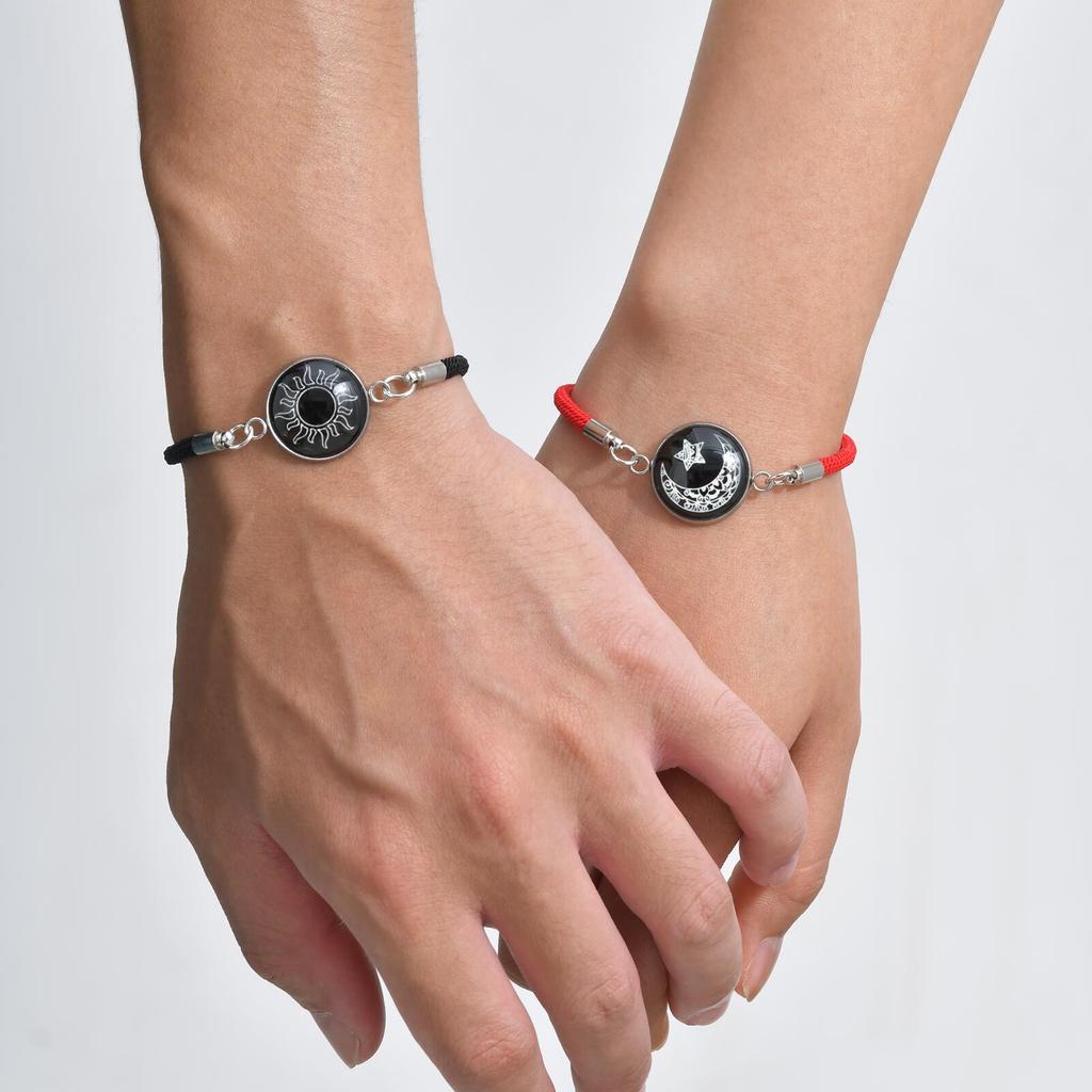 Vnox 2pcs Braided Rope Chain Bracelets For Lovers, Metal Sun Moon Star Round Accessory, Fashion Jewelry Girlfriend Couple Gift