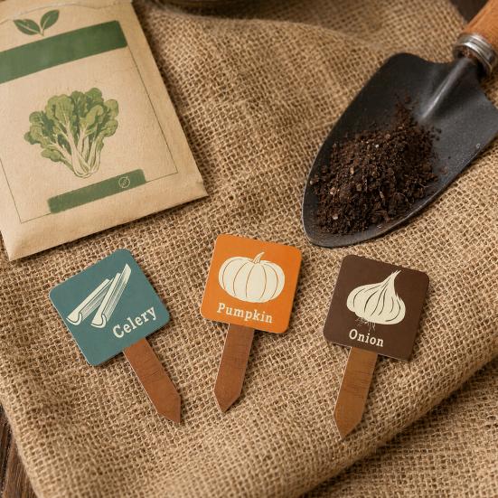 15Pcs Wooden Plant Labels, Vintage Waterproof Garden Markers for Vegetables Herbs, Solid Wood Stakes with Pointed Tip & English Names, Outdoor/Indoor