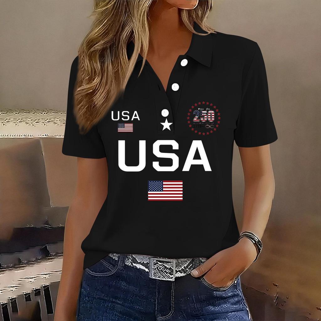 Damen Casual Kurzarm Knopf-Polohemd USA-Aufdruck 250. Jubiläum Grafik Leichtes Sommeroberteil