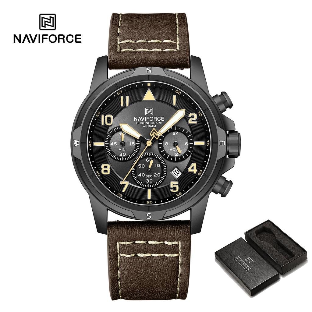 NAVIFORCE Original Men Quartz Watch Chronograph Mini Dial Calendar Date Leather Strap Luminous Hands 30m Waterproof Men Watch Gift NF8077
