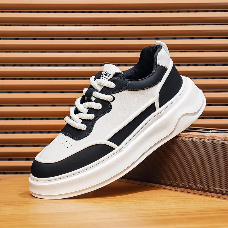 European New Shoes for Men Genuine Leather Casual Platform Shoes Fashion Flat Skateboard Shoes Lace-up Sneaker