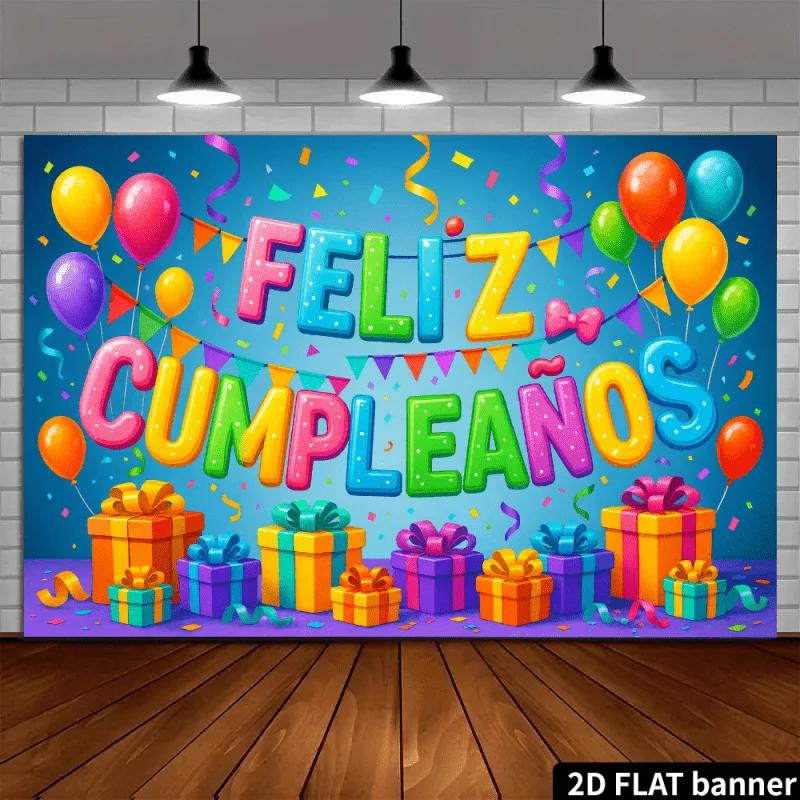 2D Flaches Banner - Bunter Spanischer Geburtstags Hintergrund Dekoratives Gewebe - "FELIZ CUMPLEAÑOS"