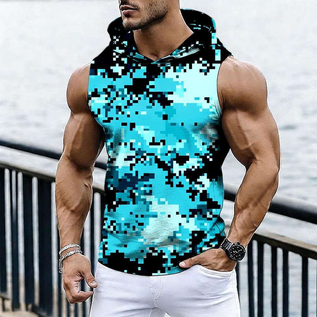 Men's Casual Fashion Printed Sleeveless Hooded Tops | Lightweight Summer Hooded Tank Tops
