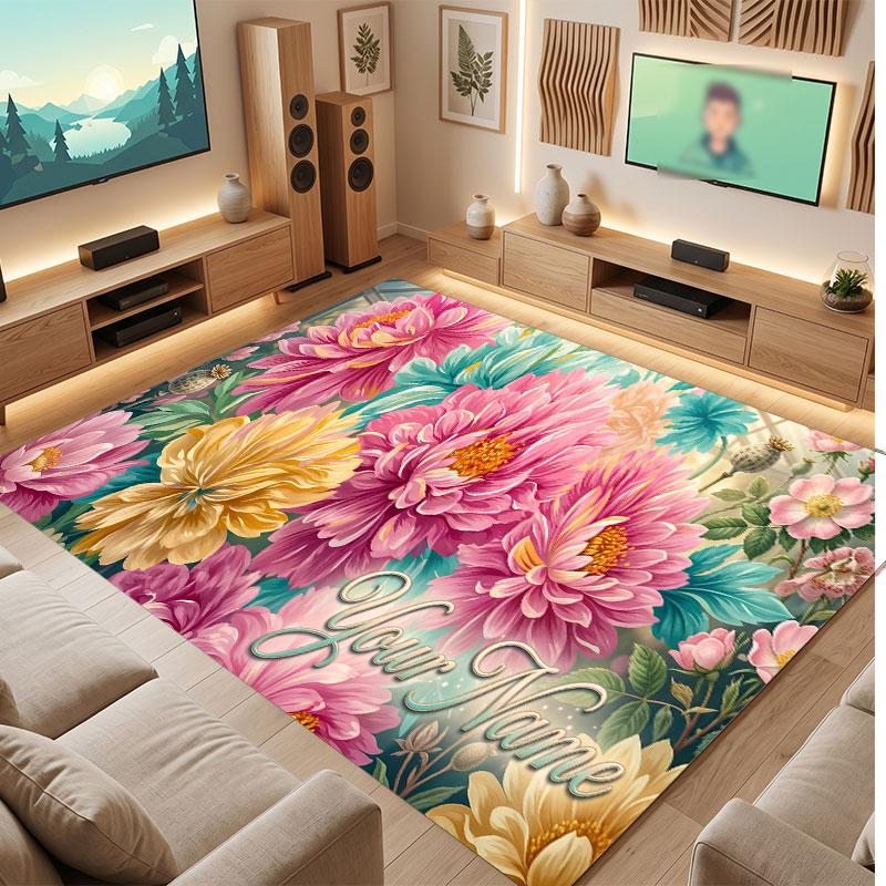 Floral Garden Theme Crystal Velvet Floor Rug Personalized Custom Name Text Warm Carpet Home Decoration