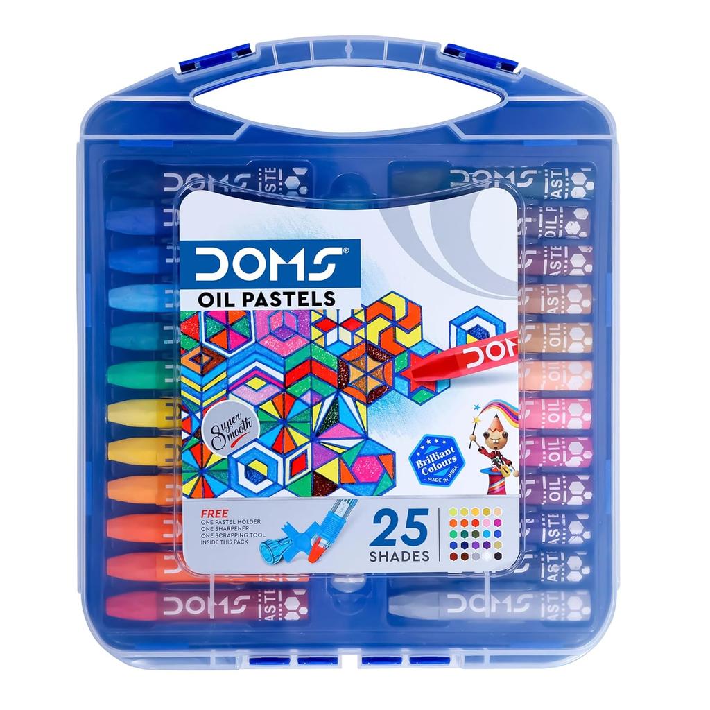 Doms 25 Shades Oil Pastels Set in Hard Plastic Case with Holder, Sharpener & Scratching Tool for Kids Art Drawing