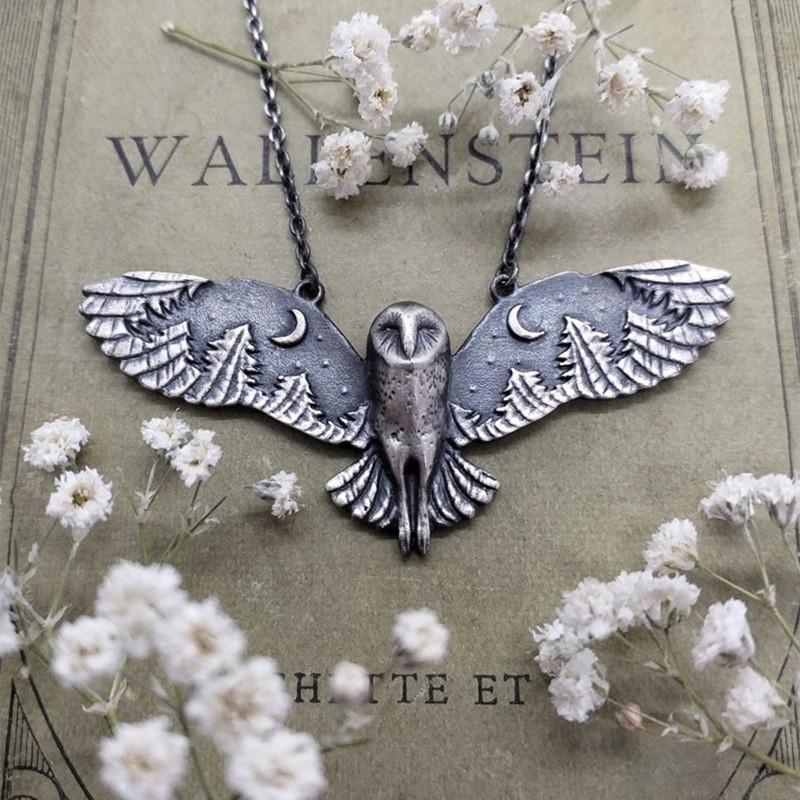 Owl Moon Forest Pendant Necklace With Alloy Chain For Fashion Enthusiasts