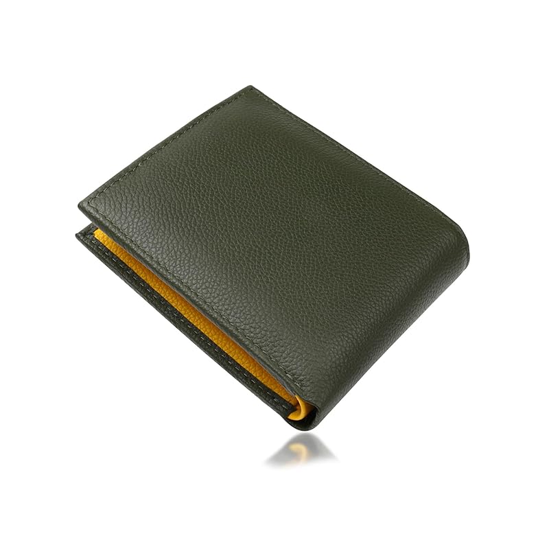 

[Unevenness] ladies men s bifold wallet bicolor genuine leather Skimming prevention Green x yellow